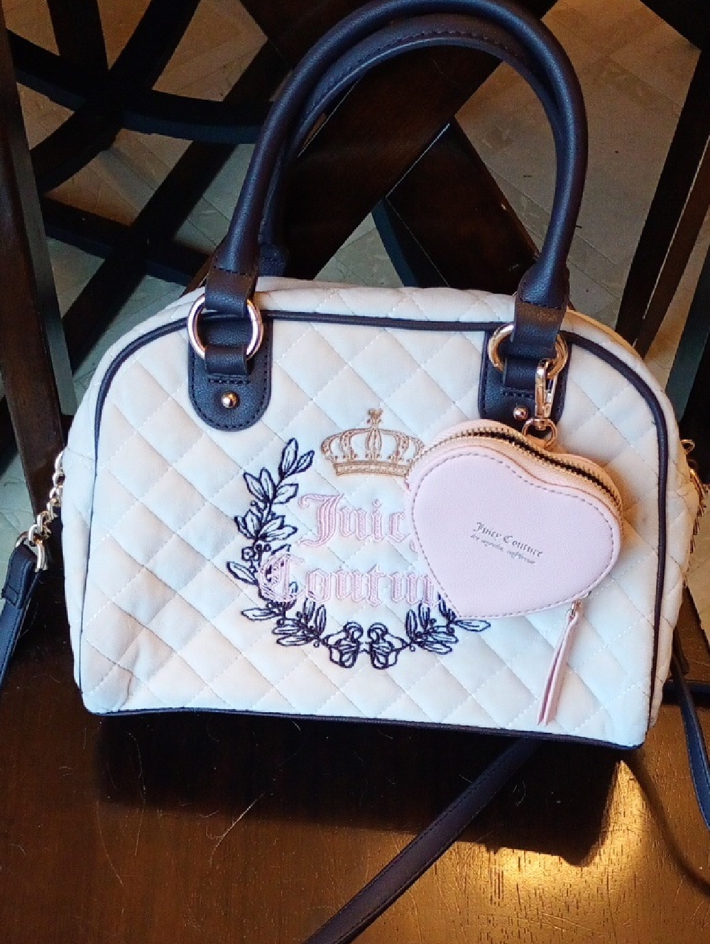 Juicy Couture Cream Quilted Satchel with Dark Brown Trim and Embroidery